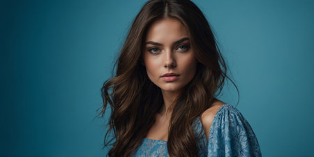 Young woman poses confidently against a bright blue background showcasing her flowing hair and intricate outfitの素材