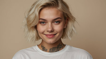 Smiling young woman with blonde hair and tattoos poses against a neutral background showcasing confidence and styleの素材