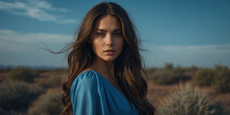 Beautiful woman in blue dress poses in a desert landscape under a clear sky during golden hour lightの素材