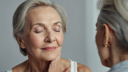 Senior woman enjoying a relaxing moment during a beauty routine at home in soft natural lightの素材