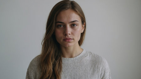 Portrait of a woman with long hair in a neutral setting expressing calmness and serenityの素材