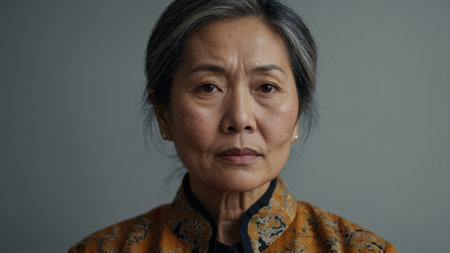 Portrait of an elderly woman in traditional attire against a neutral background showcasing wisdom and strengthの素材