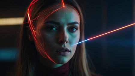 Futuristic woman with glowing lines on her face in a dark, high-tech environment at nightの素材