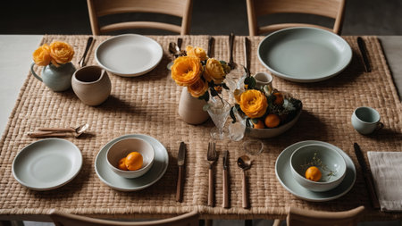 Elegant dining table set for a gathering featuring floral centerpieces and simple tablewareの素材