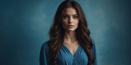 Model poses in blue attire against a textured backdrop, showcasing elegance and confidence during a portrait sessionの素材