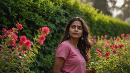 Young woman in a pink shirt enjoying a sunny day among blooming flowers in a lush gardenの素材