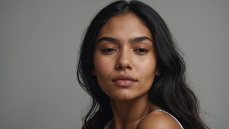 Model poses in a studio setting with soft lighting, showcasing natural beauty and confidence during a fashion photoshootの素材