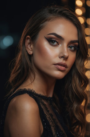 Stunning portrait of a young woman with glamorous makeup and soft waves in an evening settingの素材