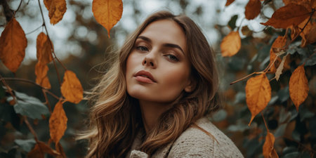 Woman surrounded by autumn leaves in a serene outdoor setting during the golden hourの素材