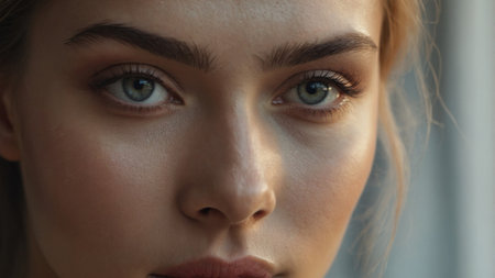 Close-up of a young woman with captivating blue eyes and natural makeup in soft lighting against a blurred backgroundの素材