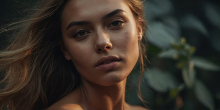 Natural portrait of a young woman with long hair surrounded by lush greeneryの素材