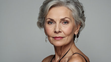 Elegant elderly woman with silver hair and earrings poses gracefully against a neutral backgroundの素材