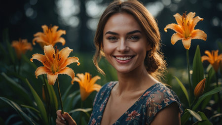 Smiling woman holding orange flowers in a lush garden during golden hourの素材