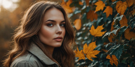 Young woman with long hair poses among vibrant autumn leaves in a serene forest setting during golden hourの素材