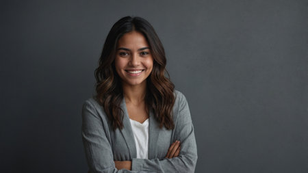 Confident woman standing with arms crossed against a neutral background in a professional settingの素材
