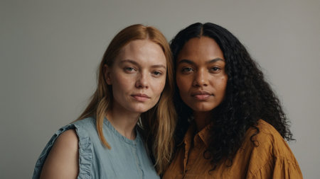 Two women pose closely together, showcasing diverse beauty and connection in a neutral settingの素材