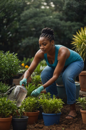 Woman tending to her garden while watering plants in a green space during a sunny dayの素材