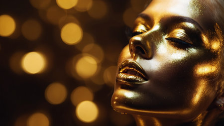 Golden sculpture of a serene female face illuminated by soft bokeh lights in a dramatic artistic settingの素材