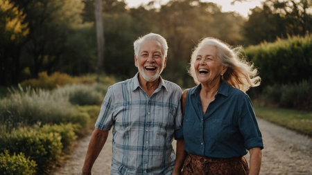 Elderly couple enjoying a joyful walk in a natural setting during sunset momentsの素材