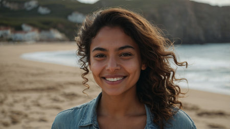 Smiling young woman on sandy beach enjoying the waves at sunsetの素材
