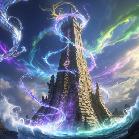Enchanted tower surrounded by magical energy in a vibrant fantasy landscapeの素材