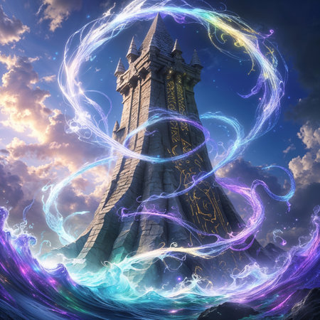Mysterious tower rises from swirling waves under a vibrant sky at sunsetの素材