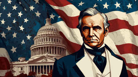 Historical figure stands before the Capitol building with a backdrop of the American flag in a vintage style illustrationの素材