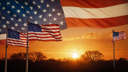 Vibrant sunset with multiple American flags waving against a colorful skyの素材