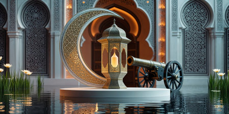 Elegant lantern and cannon on a reflective surface with intricate architecture in a tranquil setting during evening lightの素材