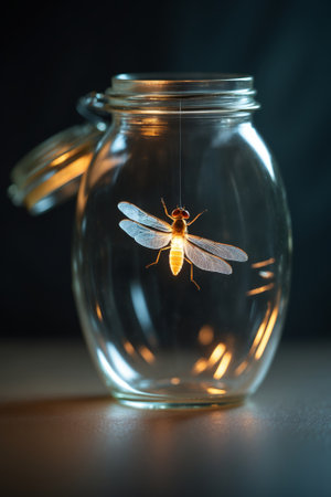 Inside a glass jar, a delicate insect glows softly, creating a whimsical atmosphere in a darkened settingの素材