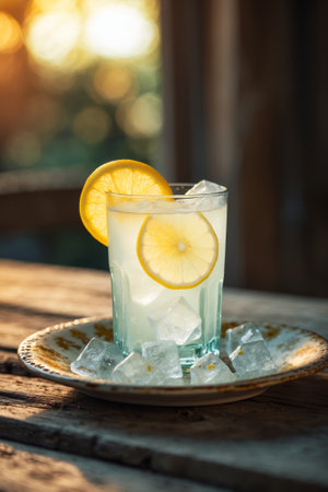 Refreshing lemon drink served over ice at sunset in a cozy outdoor setting with warm lightの素材