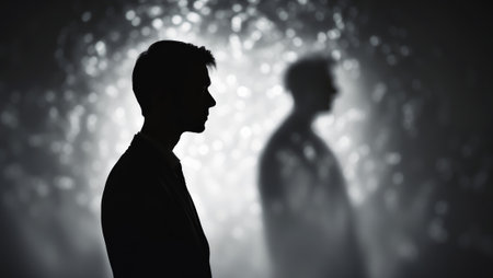 Silhouette of a person standing against a soft, illuminated background with a shadowy figure behindの素材