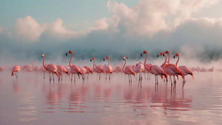 Flamingos gathered in calm water at sunrise surrounded by mist and soft cloudsの素材
