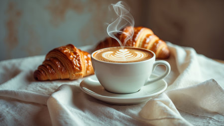 Freshly brewed coffee with croissants on a table in a cozy setting enjoying a morning treatの素材