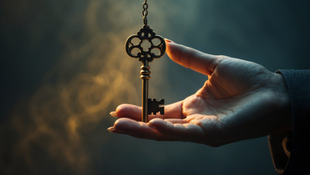 Intricate key held delicately in hand amidst a mystic, illuminated background setting the tone for discovery and adventureの素材