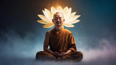 Meditating monk surrounded by a large lotus flower in a serene atmosphere during duskの素材