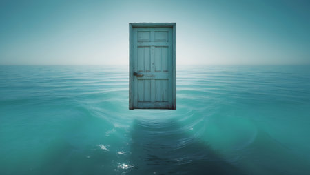 Mysterious door standing alone in serene water at dusk evokes a sense of wonder and curiosity about the unknownの素材