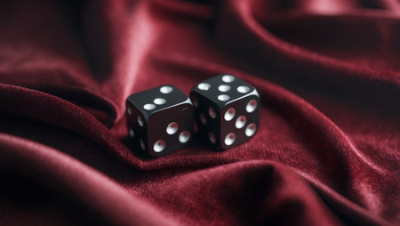 Black dice on a deep red velvet fabric create an elegant and intriguing display for games or decorationの素材