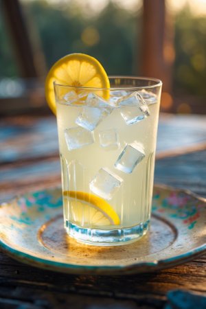 Refreshing lemon drink served with ice on a decorative plate in golden sunlight at a rustic outdoor settingの素材