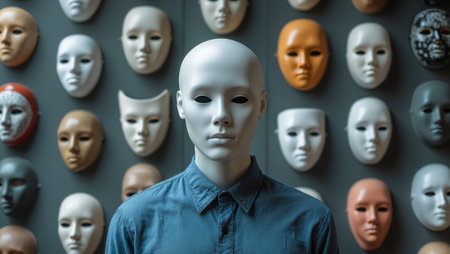 Unique display of masks and a mannequin in an art installation showcasing various facial expressions in an indoor settingの素材