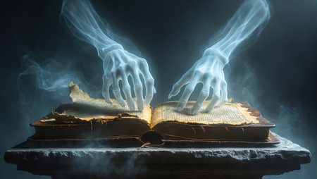Mysterious hands emerge from fog, hovering over ancient book in a dark settingの素材