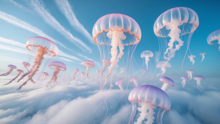 Jellyfish floating gracefully above clouds in a surreal sky filled with soft, wispy cloudsの素材