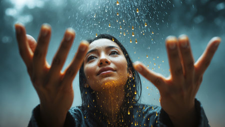 Woman joyfully embracing raindrops in a serene forest setting during a gentle rainfallの素材