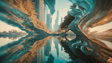 Surreal landscape reflection showcasing urban skyline with distorted elements and vibrant colors at dawnの素材