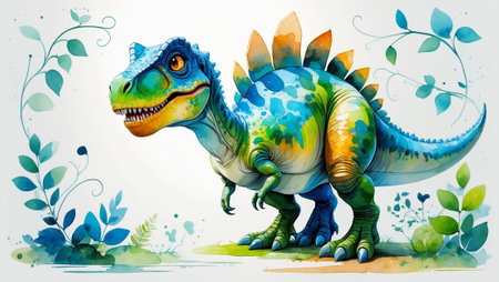 Colorful dinosaur illustration featuring a unique creature surrounded by vibrant greenery in a whimsical styleの素材