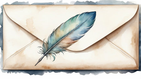Elegant envelope with a feather quill resting on top in a serene artistic settingの素材