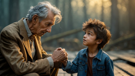 Elderly man shares wisdom with young boy in a serene forest setting during golden hourの素材