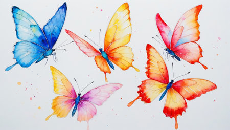 Colorful butterflies in vibrant watercolor showcasing intricate details and diverse patternsの素材