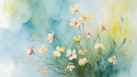Delicate watercolor painting of blooming flowers with soft pastel colors and a serene blue backgroundの素材