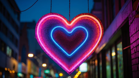Colorful neon heart sign illuminates city street during evening hoursの素材